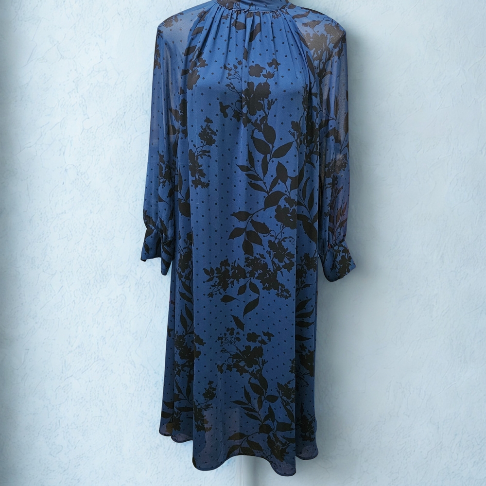 H&M Blue and Black Floral Long Sleeve Dress Sz 4 - Picture 2 of 5